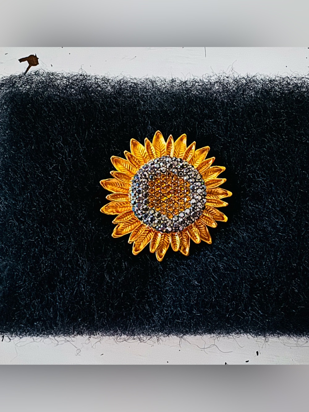 Golden Sunflower Crystal Brooch Pin - Gold Tone with Amber and Clear Stones